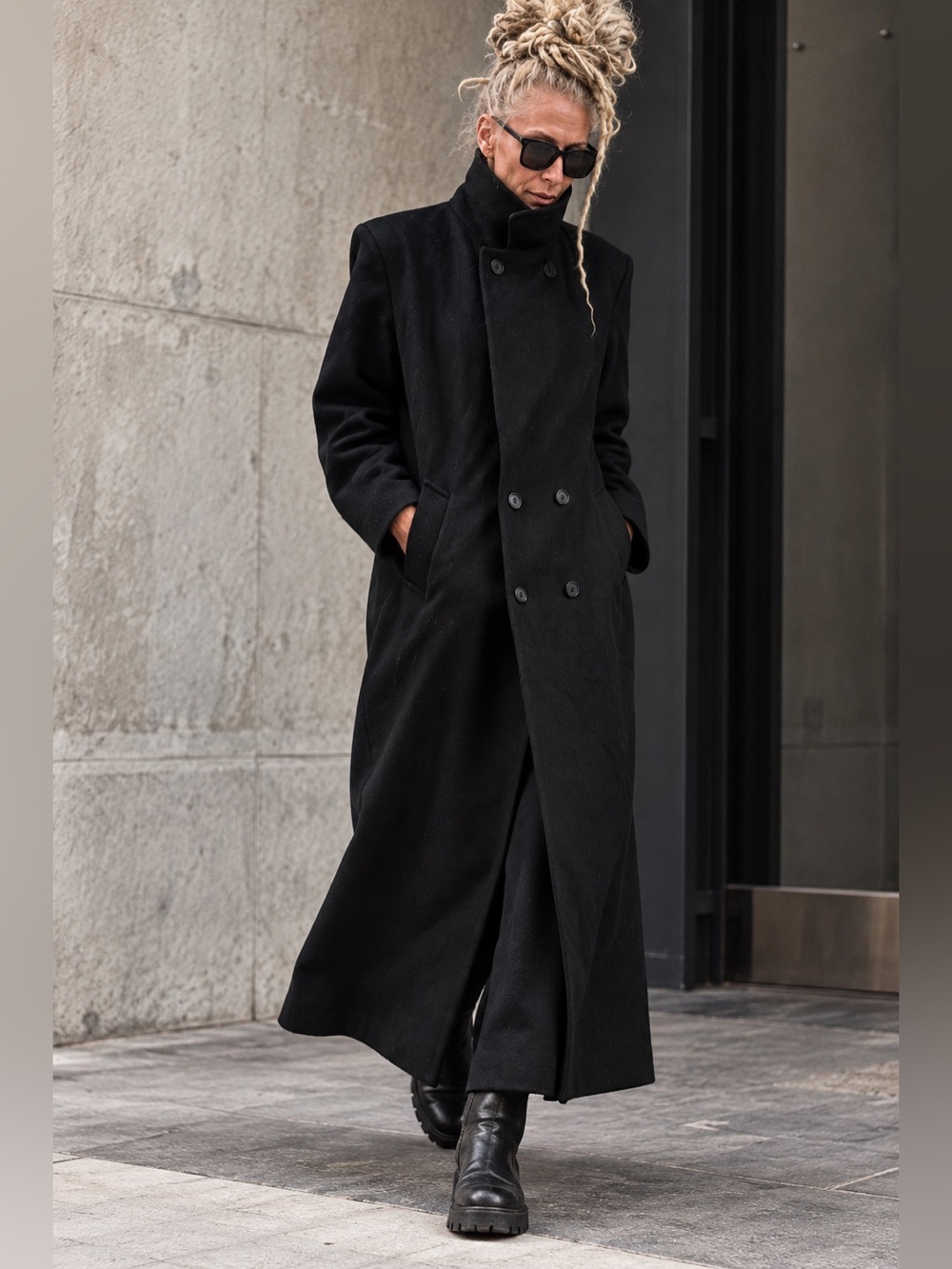 Vintage Larry Levine Black Wool Maxi Coat Size 6 Double Breasted Long Overcoat